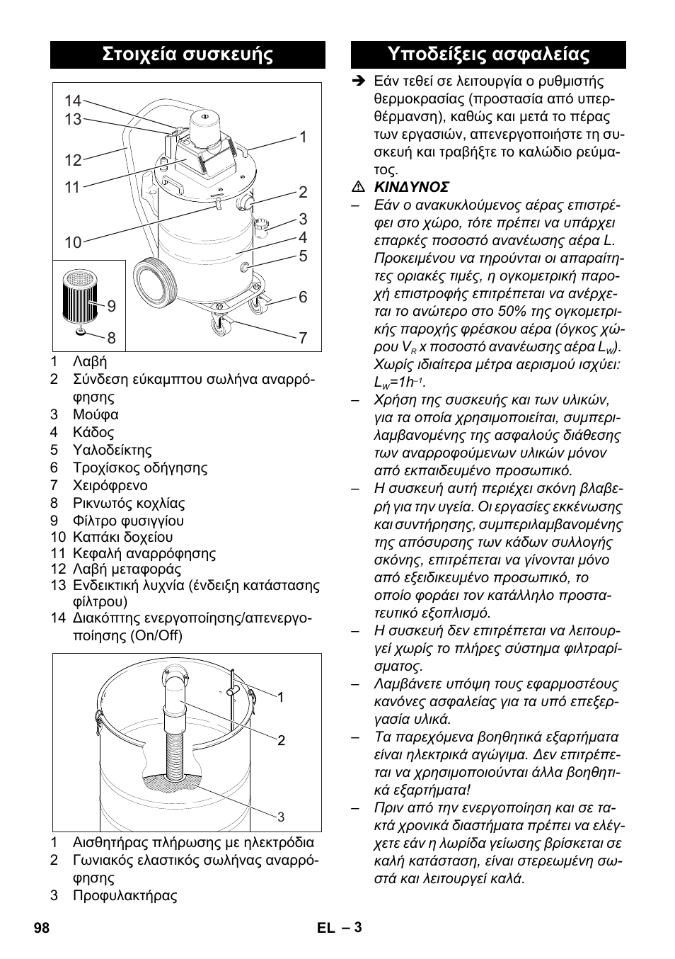 Στοιχεία συσκευής, Υποδείξεις ασφαλείας | Karcher NT 80-1 B1 M S User Manual | Page 98 / 160