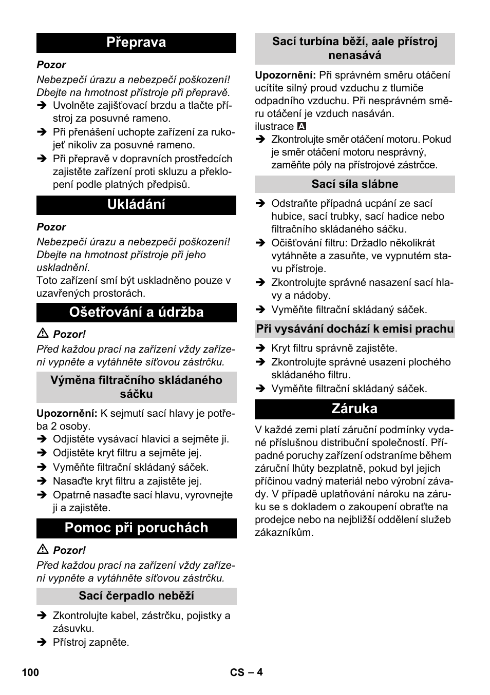 Přeprava ukládání ošetřování a údržba, Pomoc při poruchách, Záruka | Karcher IVC 60-30 Ap User Manual | Page 100 / 172