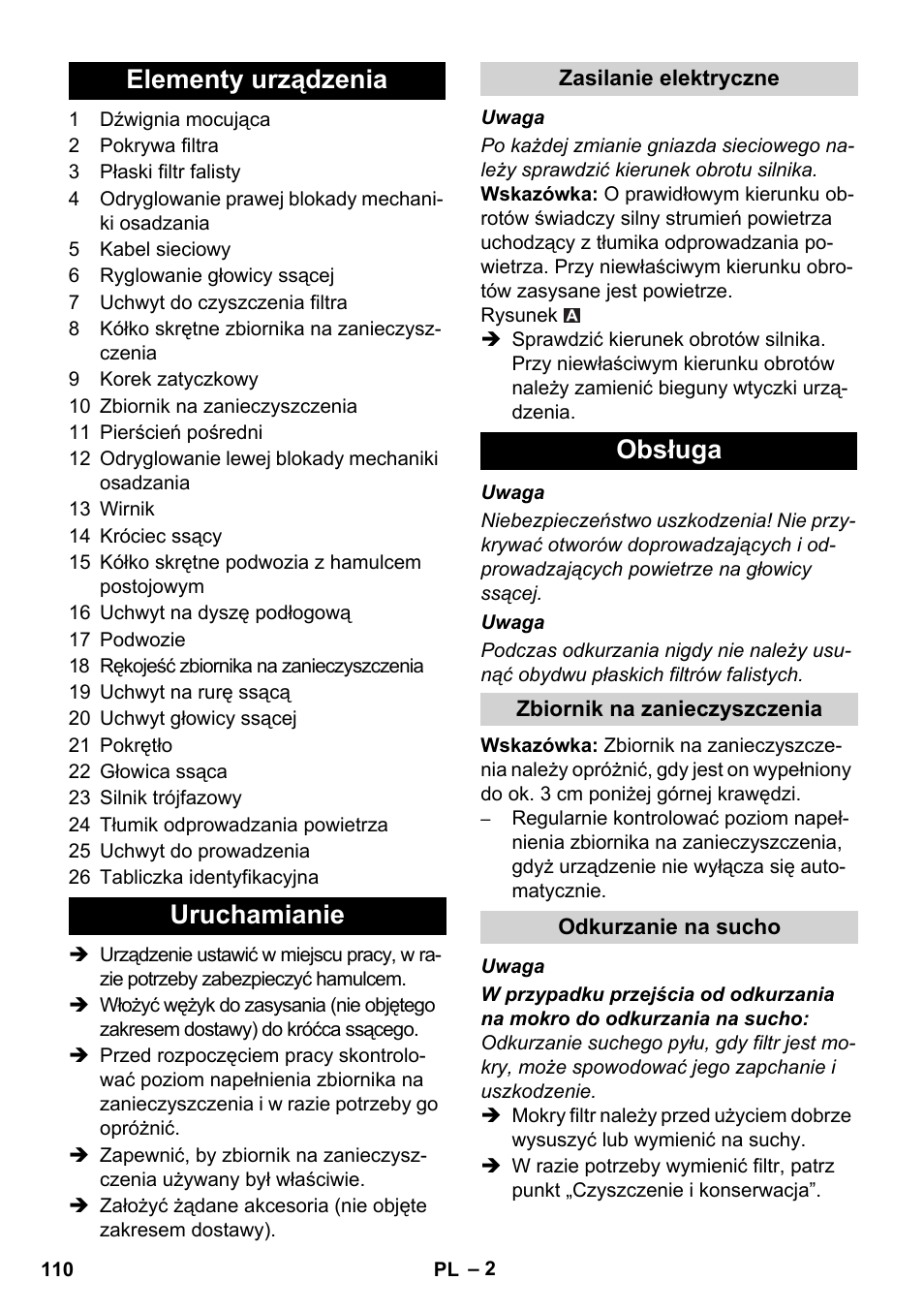 Elementy urządzenia uruchamianie, Obsługa | Karcher IVC 60-30 Ap User Manual | Page 110 / 172