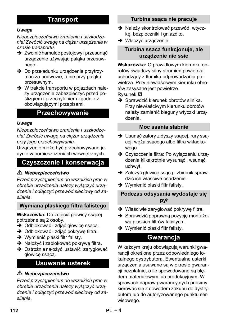 Transport przechowywanie czyszczenie i konserwacja, Usuwanie usterek, Gwarancja | Karcher IVC 60-30 Ap User Manual | Page 112 / 172