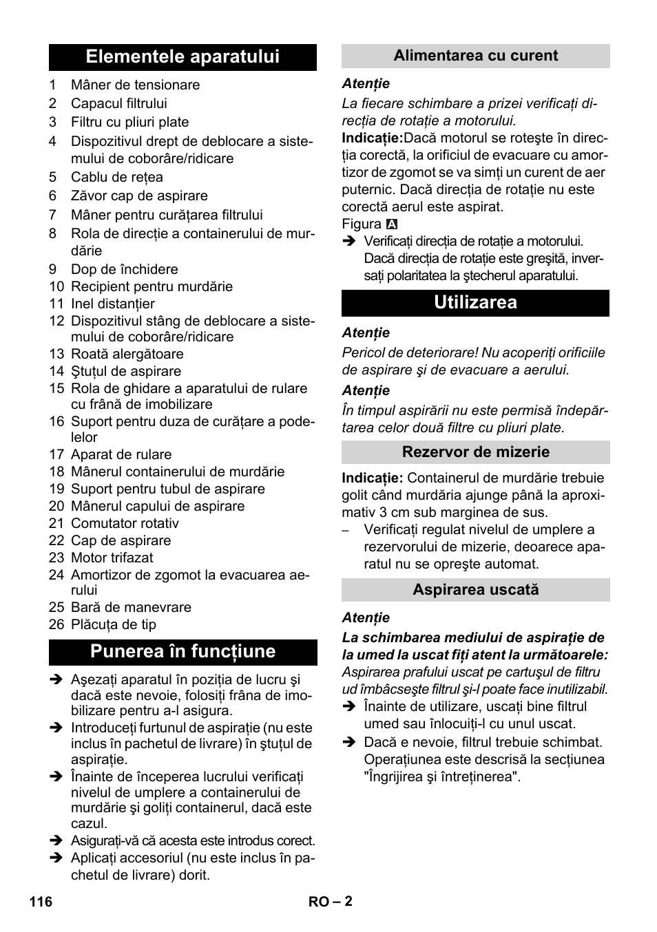 Elementele aparatului punerea în funcţiune, Utilizarea | Karcher IVC 60-30 Ap User Manual | Page 116 / 172