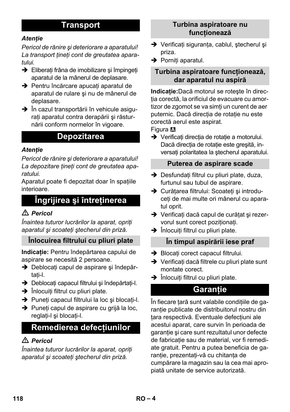 Transport depozitarea îngrijirea şi întreţinerea, Remedierea defecţiunilor, Garanţie | Karcher IVC 60-30 Ap User Manual | Page 118 / 172