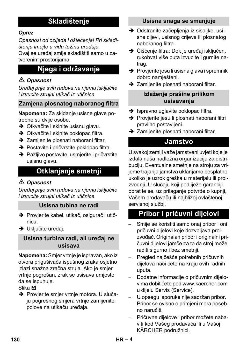 Skladištenje njega i održavanje, Otklanjanje smetnji, Jamstvo pribor i pričuvni dijelovi | Karcher IVC 60-30 Ap User Manual | Page 130 / 172