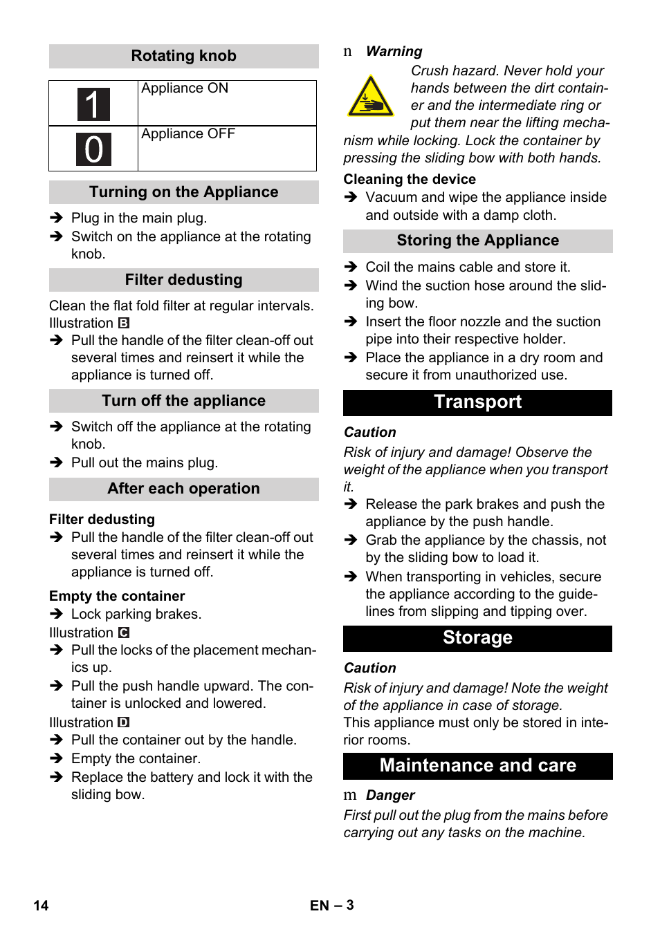 Transport storage maintenance and care | Karcher IVC 60-30 Ap User Manual | Page 14 / 172