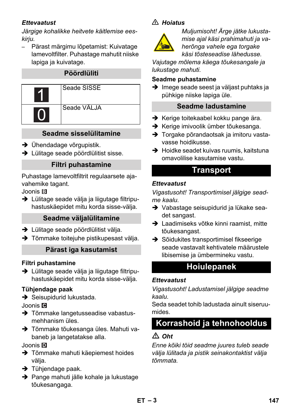 Transport hoiulepanek korrashoid ja tehnohooldus | Karcher IVC 60-30 Ap User Manual | Page 147 / 172