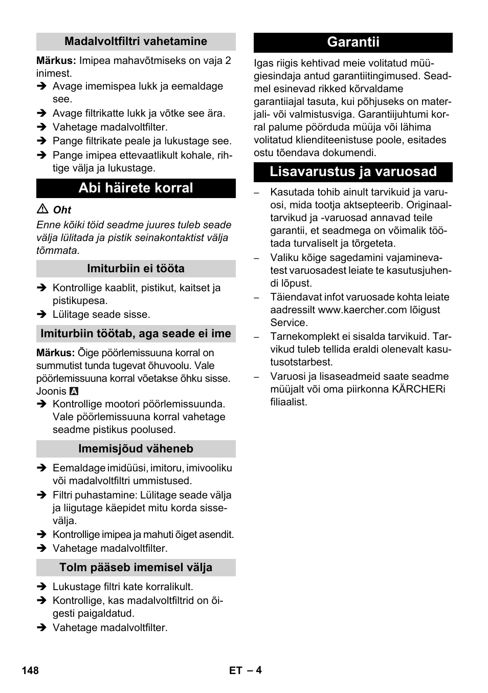 Abi häirete korral, Garantii lisavarustus ja varuosad | Karcher IVC 60-30 Ap User Manual | Page 148 / 172