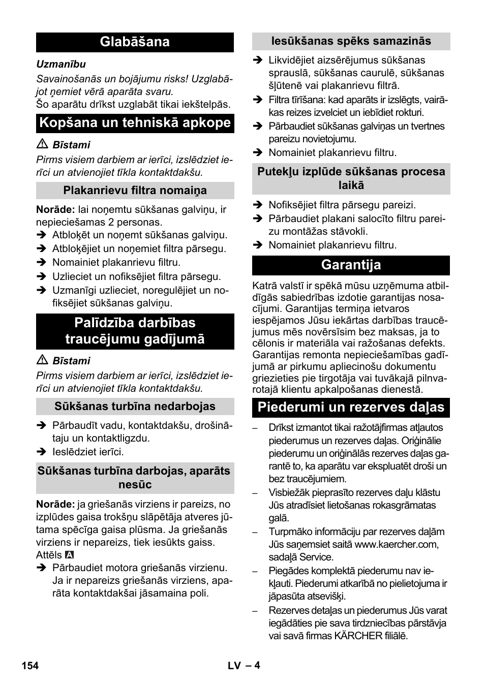 Glabāšana kopšana un tehniskā apkope, Palīdzība darbības traucējumu gadījumā, Garantija piederumi un rezerves daļas | Karcher IVC 60-30 Ap User Manual | Page 154 / 172