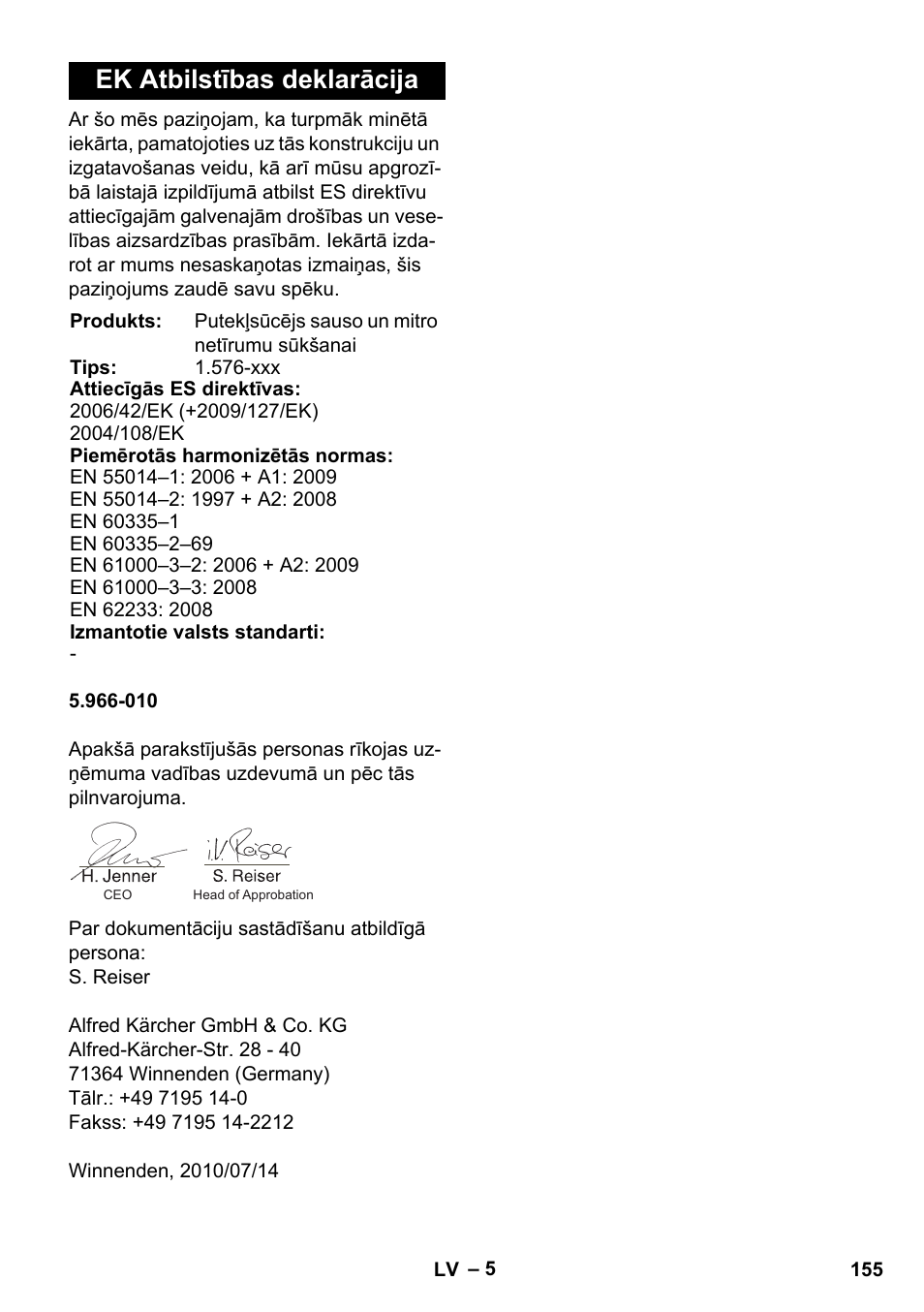 Ek atbilstības deklarācija | Karcher IVC 60-30 Ap User Manual | Page 155 / 172