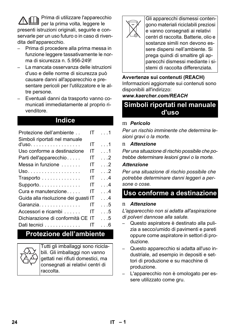 Italiano, Indice, Protezione dell’ambiente | Karcher IVC 60-30 Ap User Manual | Page 24 / 172