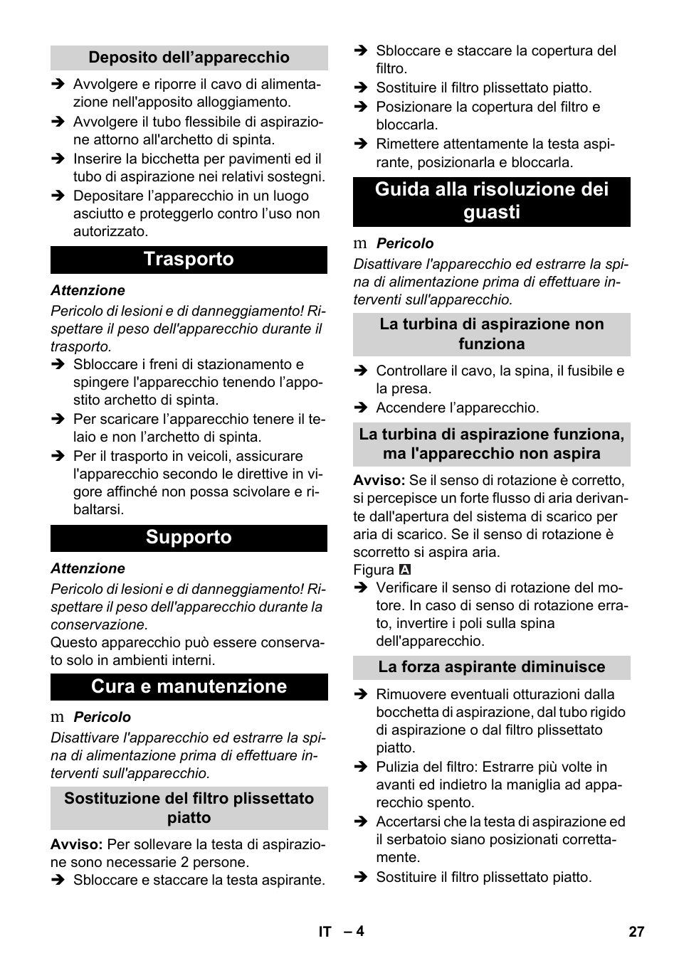 Trasporto supporto cura e manutenzione, Guida alla risoluzione dei guasti | Karcher IVC 60-30 Ap User Manual | Page 27 / 172