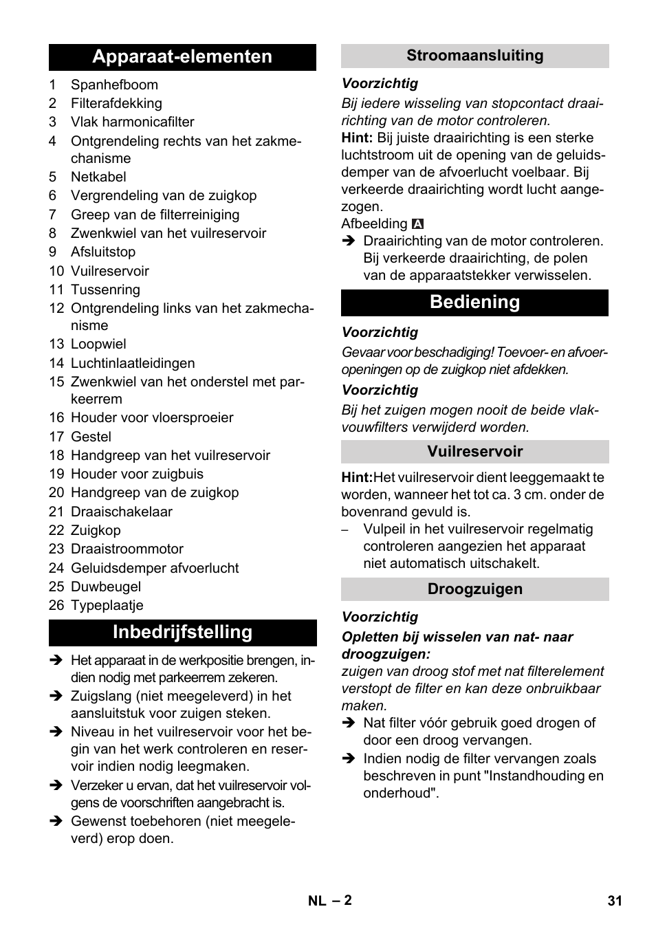 Apparaat-elementen inbedrijfstelling, Bediening | Karcher IVC 60-30 Ap User Manual | Page 31 / 172