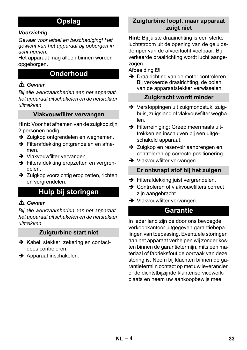 Opslag onderhoud, Hulp bij storingen, Garantie | Karcher IVC 60-30 Ap User Manual | Page 33 / 172