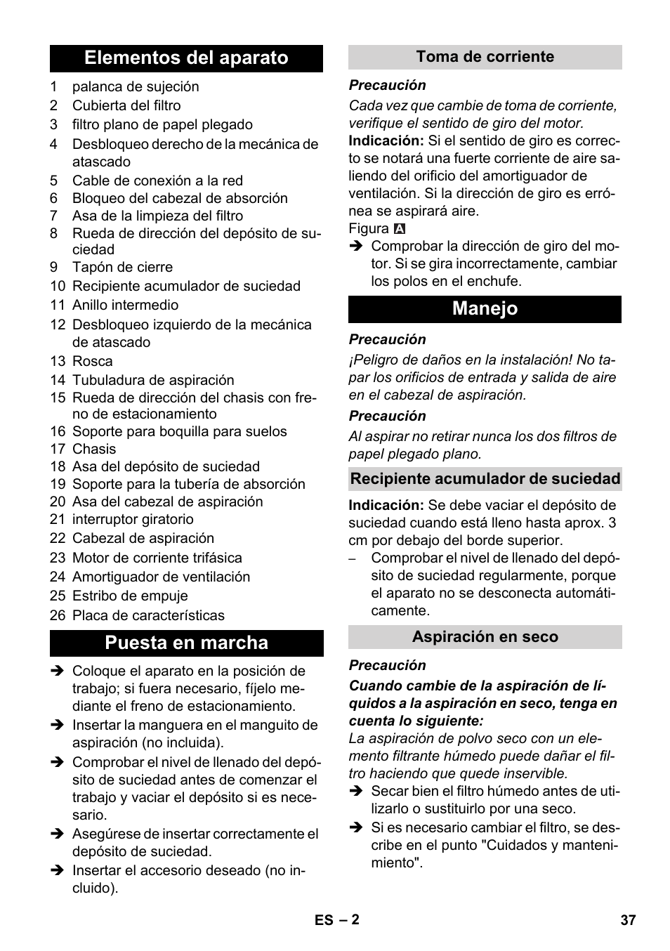 Elementos del aparato puesta en marcha, Manejo | Karcher IVC 60-30 Ap User Manual | Page 37 / 172