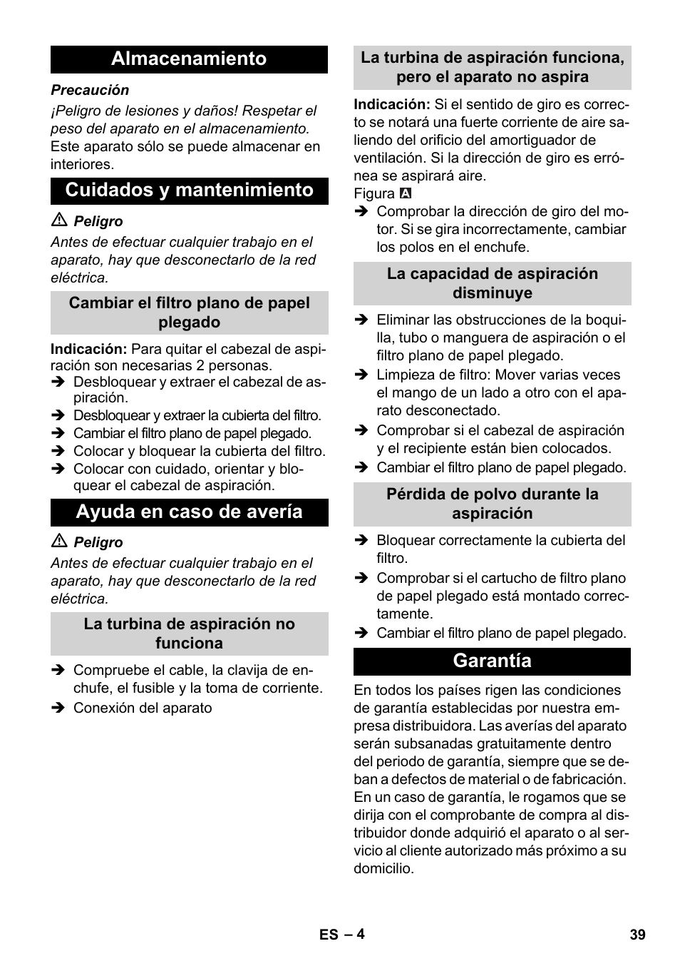 Almacenamiento cuidados y mantenimiento, Ayuda en caso de avería, Garantía | Karcher IVC 60-30 Ap User Manual | Page 39 / 172