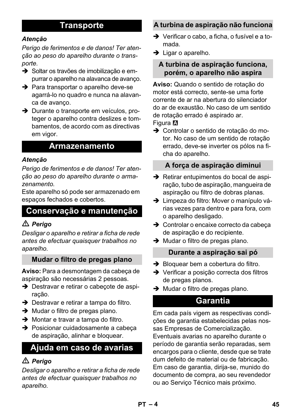 Transporte armazenamento conservação e manutenção, Ajuda em caso de avarias, Garantia | Karcher IVC 60-30 Ap User Manual | Page 45 / 172