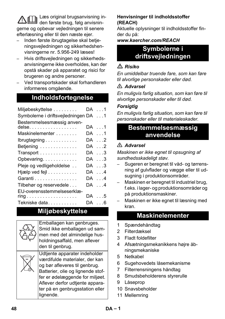 Dansk, Indholdsfortegnelse, Miljøbeskyttelse | Karcher IVC 60-30 Ap User Manual | Page 48 / 172