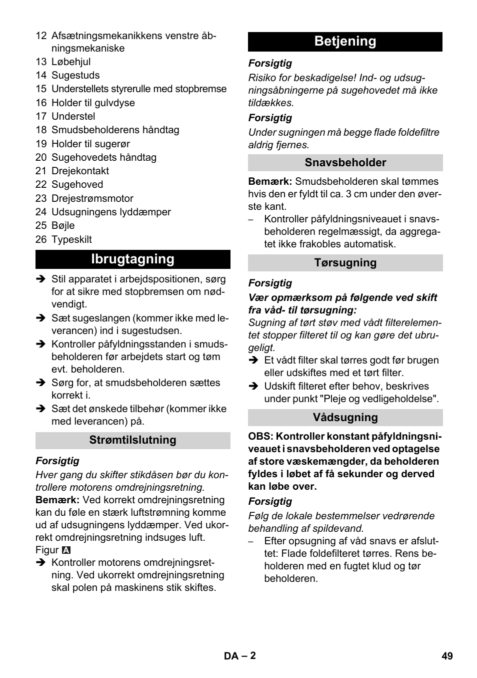 Ibrugtagning, Betjening | Karcher IVC 60-30 Ap User Manual | Page 49 / 172