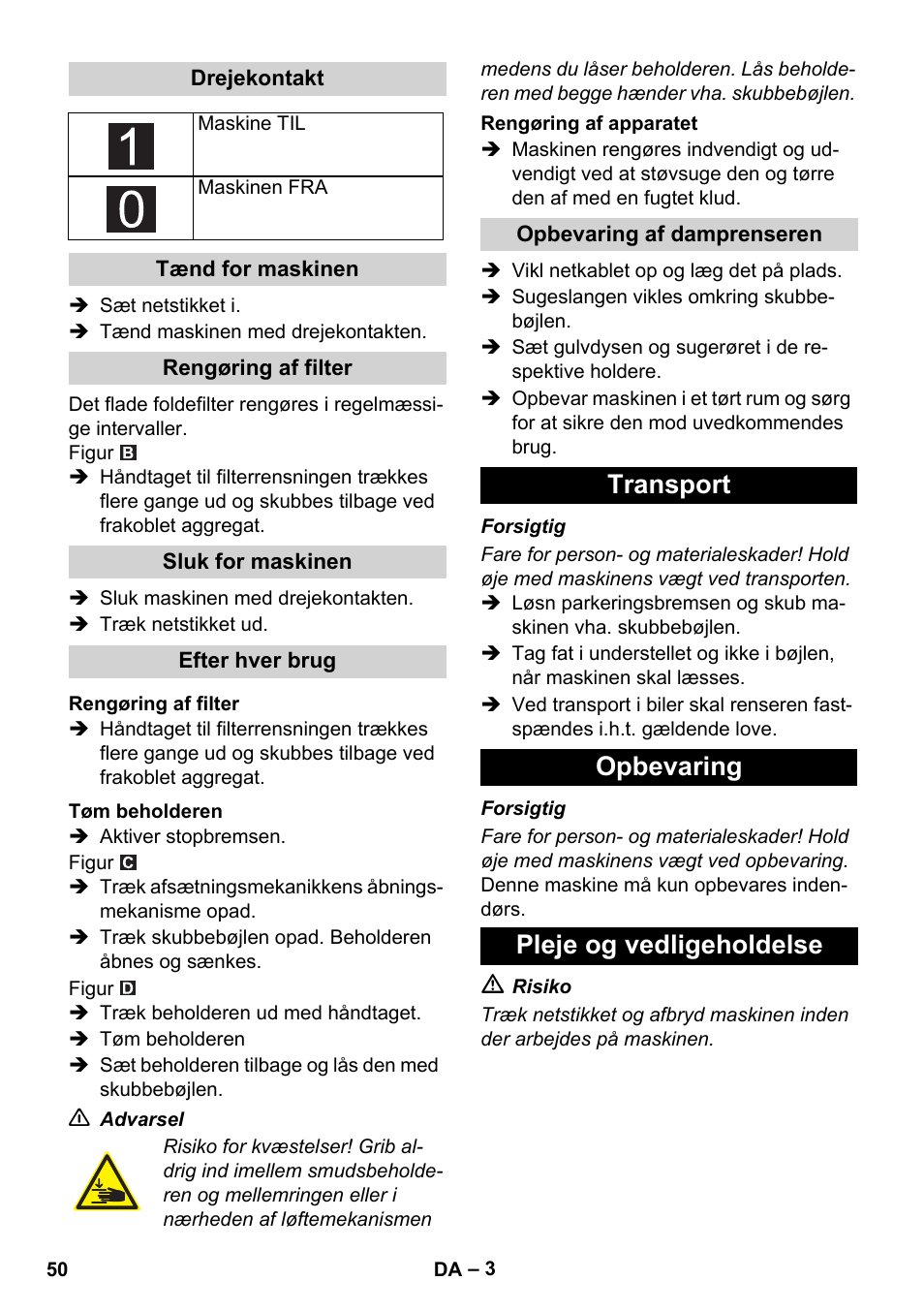 Transport opbevaring pleje og vedligeholdelse | Karcher IVC 60-30 Ap User Manual | Page 50 / 172