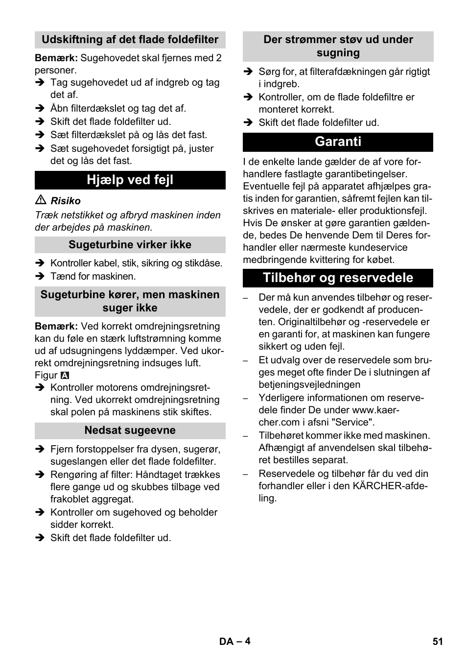Hjælp ved fejl, Garanti tilbehør og reservedele | Karcher IVC 60-30 Ap User Manual | Page 51 / 172