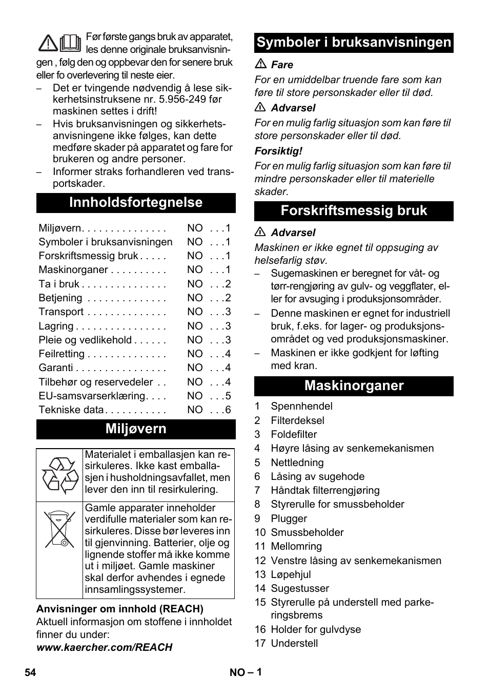 Norsk, Innholdsfortegnelse, Miljøvern | Karcher IVC 60-30 Ap User Manual | Page 54 / 172