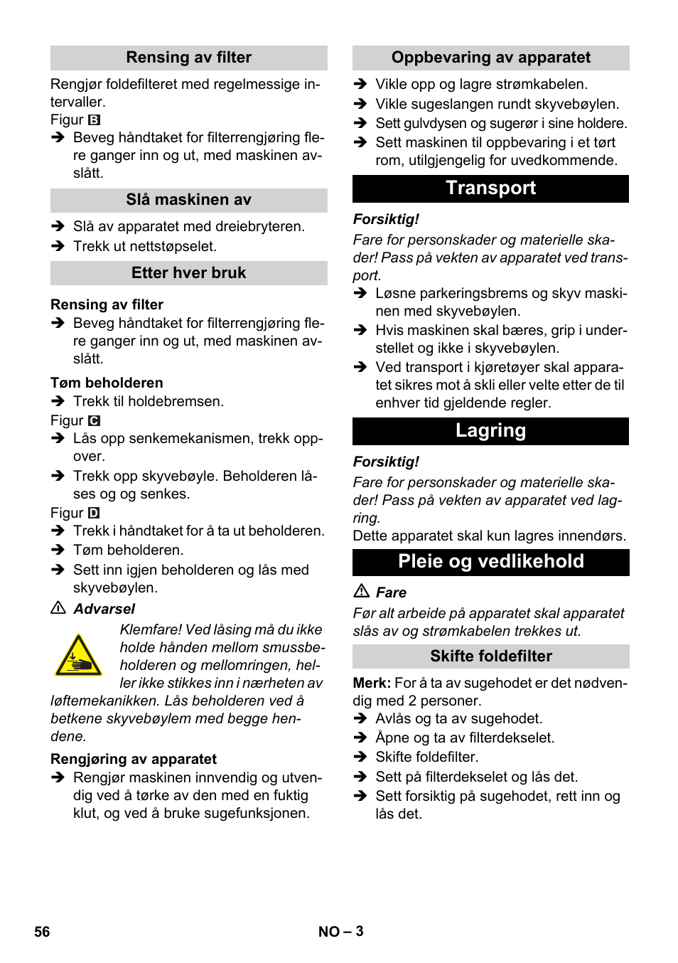 Transport lagring pleie og vedlikehold | Karcher IVC 60-30 Ap User Manual | Page 56 / 172