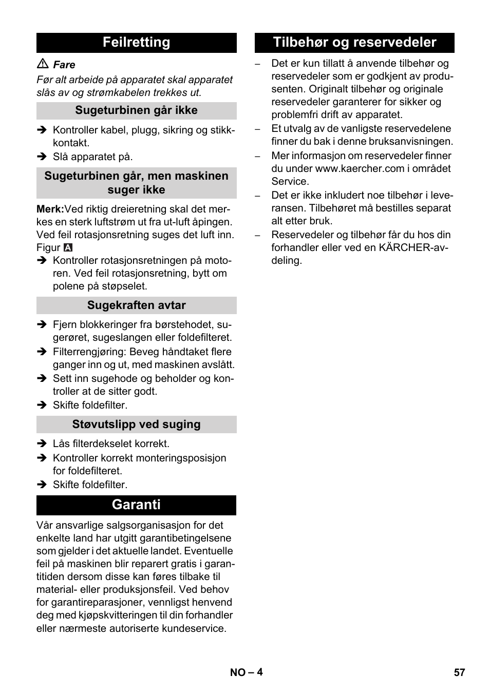 Feilretting, Garanti tilbehør og reservedeler | Karcher IVC 60-30 Ap User Manual | Page 57 / 172