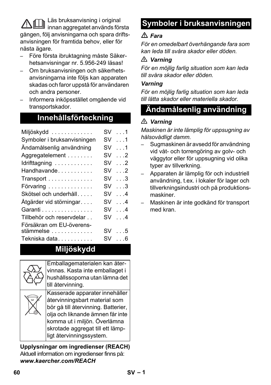 Svenska, Innehållsförteckning, Miljöskydd | Karcher IVC 60-30 Ap User Manual | Page 60 / 172