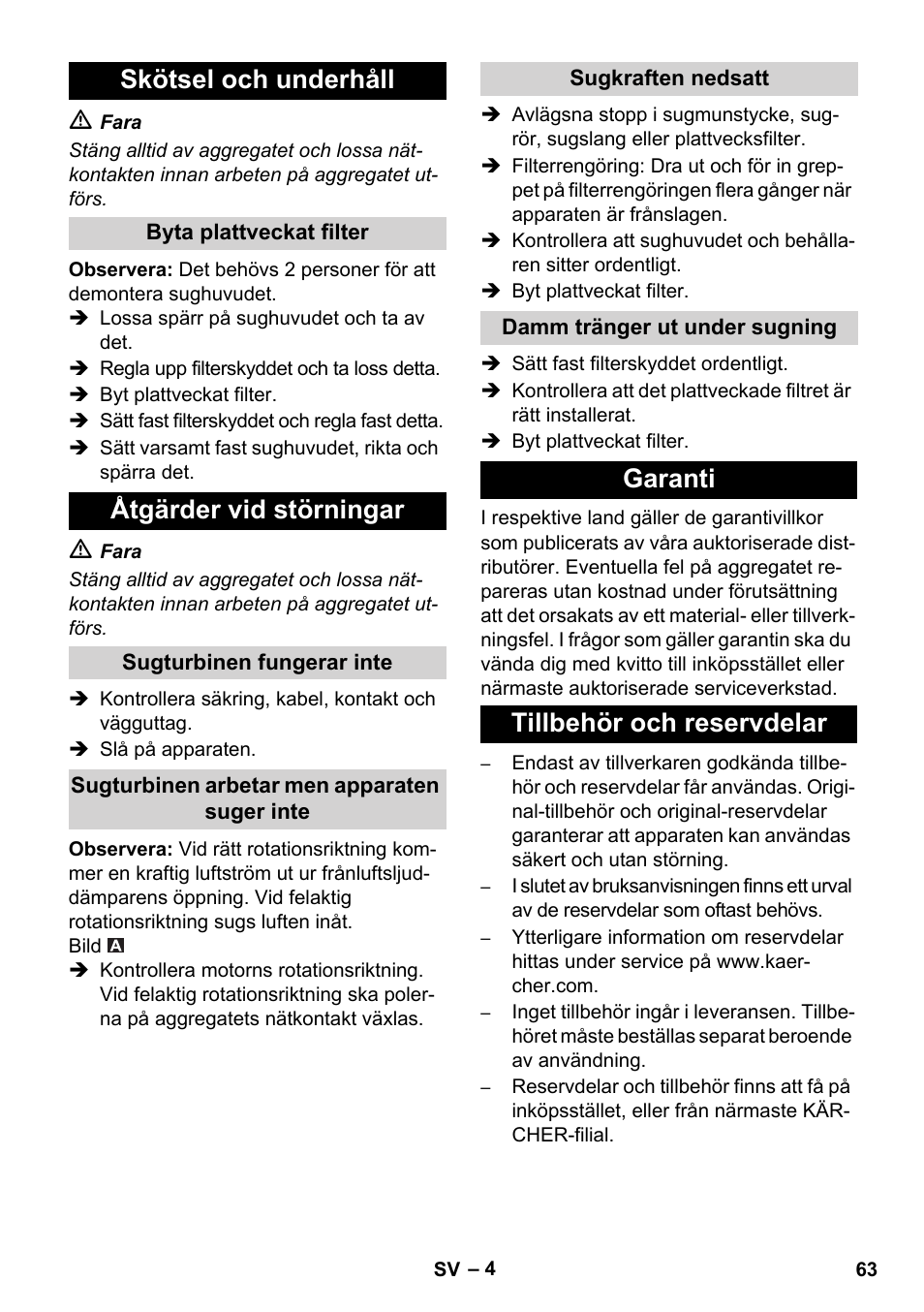 Skötsel och underhåll, Åtgärder vid störningar, Garanti tillbehör och reservdelar | Karcher IVC 60-30 Ap User Manual | Page 63 / 172