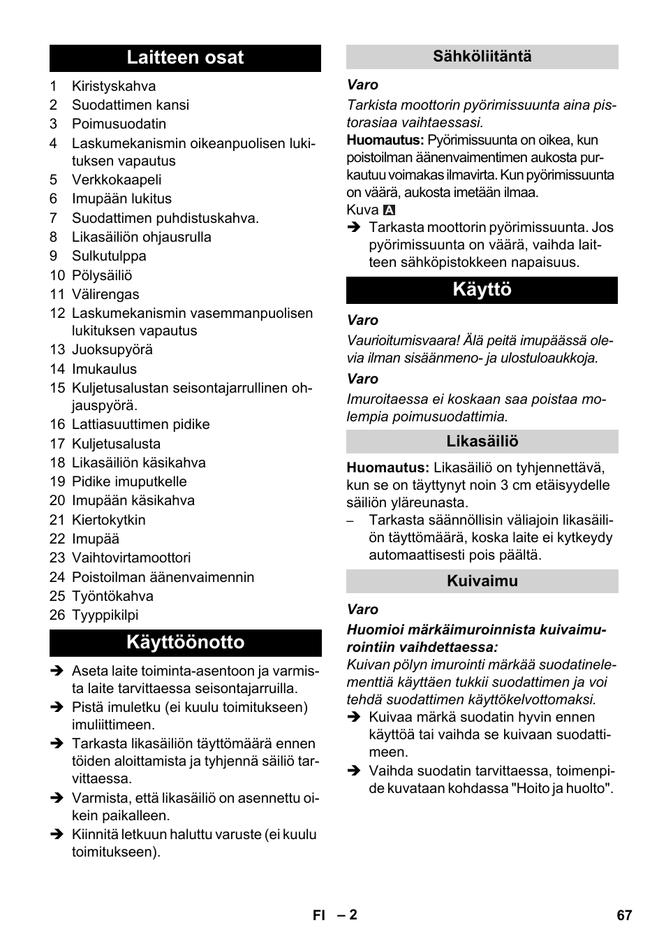 Laitteen osat käyttöönotto, Käyttö | Karcher IVC 60-30 Ap User Manual | Page 67 / 172