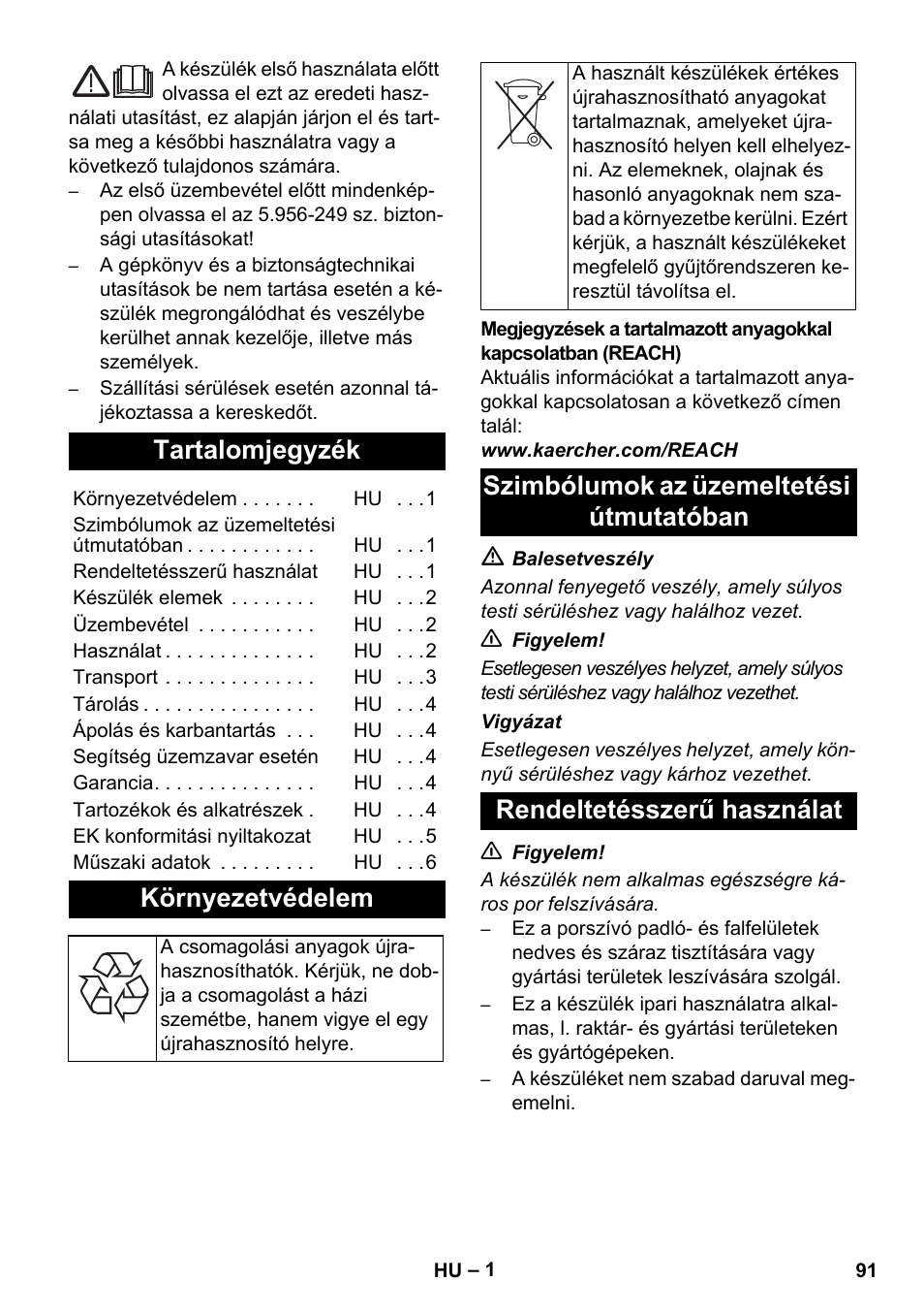 Magyar, Tartalomjegyzék, Környezetvédelem | Karcher IVC 60-30 Ap User Manual | Page 91 / 172