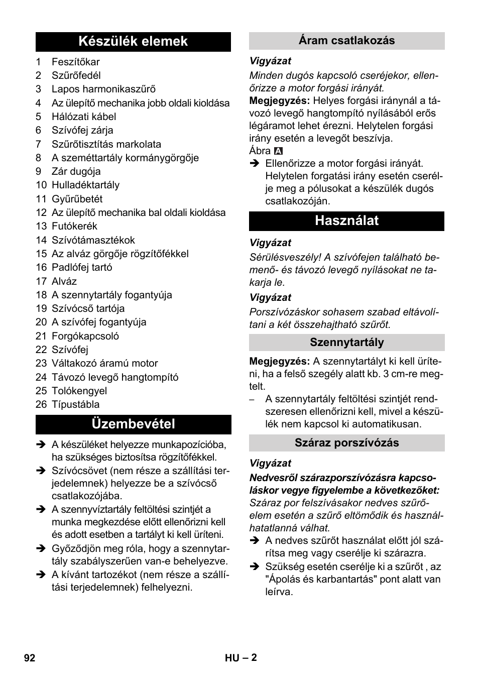 Készülék elemek üzembevétel, Használat | Karcher IVC 60-30 Ap User Manual | Page 92 / 172