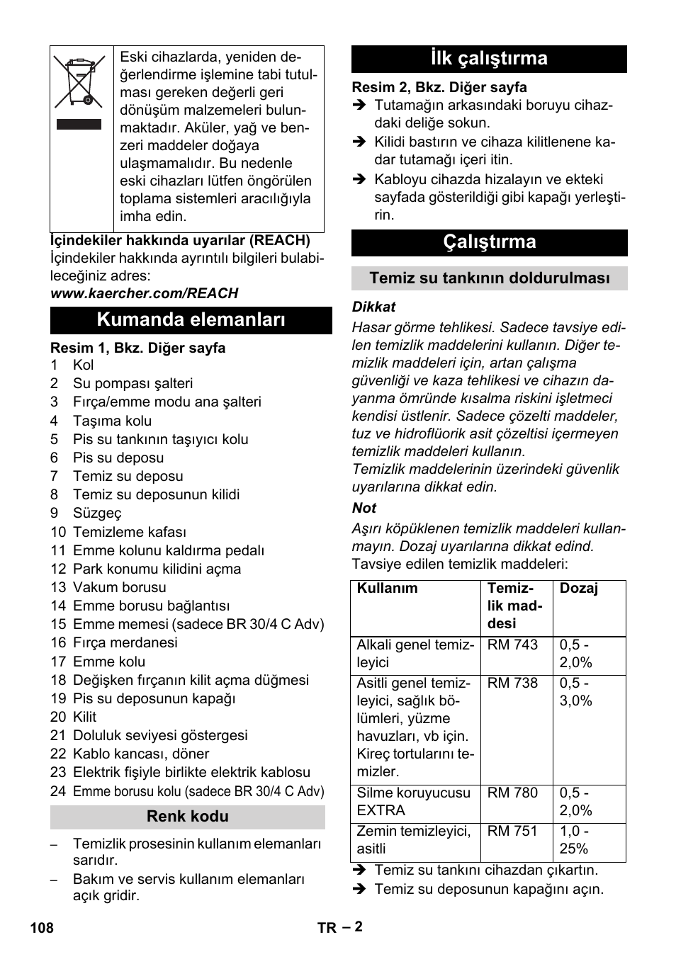 Kumanda elemanları, Ilk çalıştırma çalıştırma | Karcher BR 30-4 C User Manual | Page 108 / 242