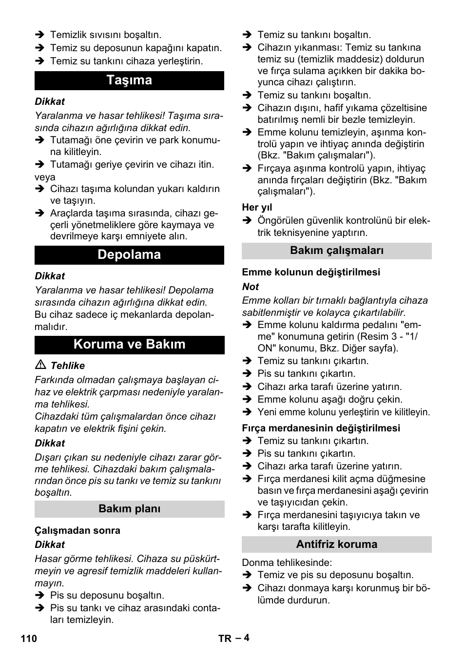 Taşıma depolama koruma ve bakım | Karcher BR 30-4 C User Manual | Page 110 / 242