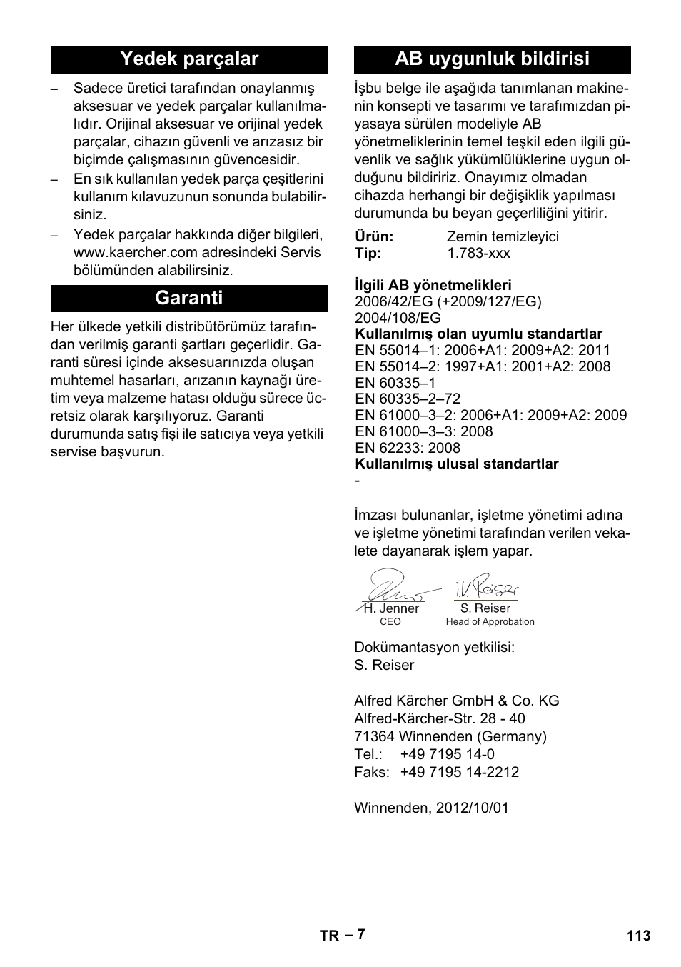 Yedek parçalar garanti ab uygunluk bildirisi | Karcher BR 30-4 C User Manual | Page 113 / 242