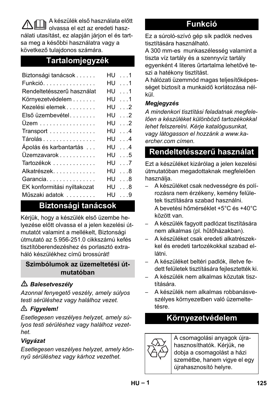 Magyar, Tartalomjegyzék, Biztonsági tanácsok | Karcher BR 30-4 C User Manual | Page 125 / 242