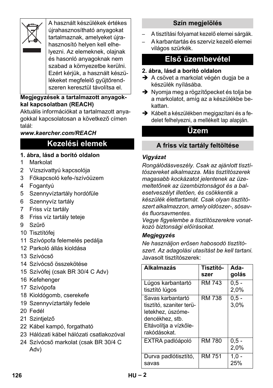 Kezelési elemek, Első üzembevétel üzem | Karcher BR 30-4 C User Manual | Page 126 / 242