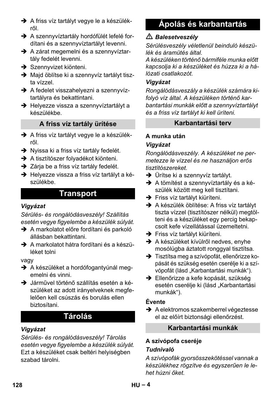 Transport tárolás ápolás és karbantartás | Karcher BR 30-4 C User Manual | Page 128 / 242