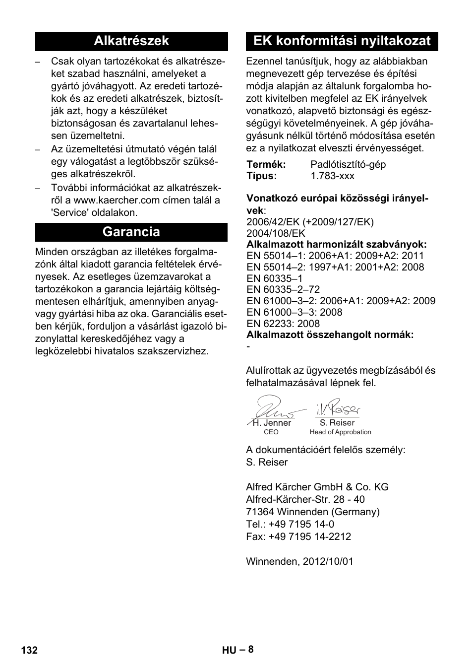 Alkatrészek garancia ek konformitási nyiltakozat | Karcher BR 30-4 C User Manual | Page 132 / 242