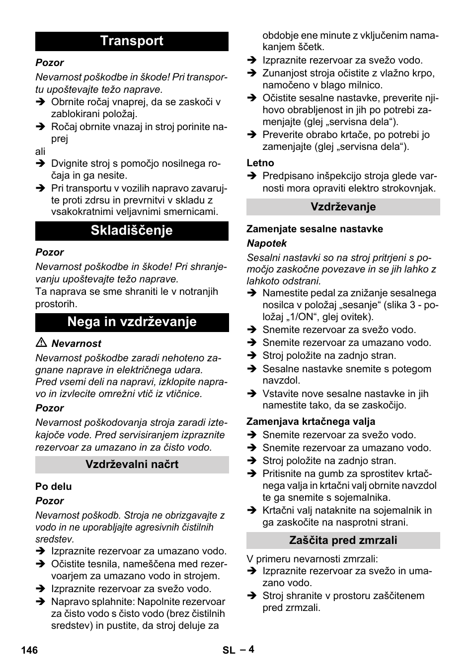 Transport skladiščenje nega in vzdrževanje | Karcher BR 30-4 C User Manual | Page 146 / 242