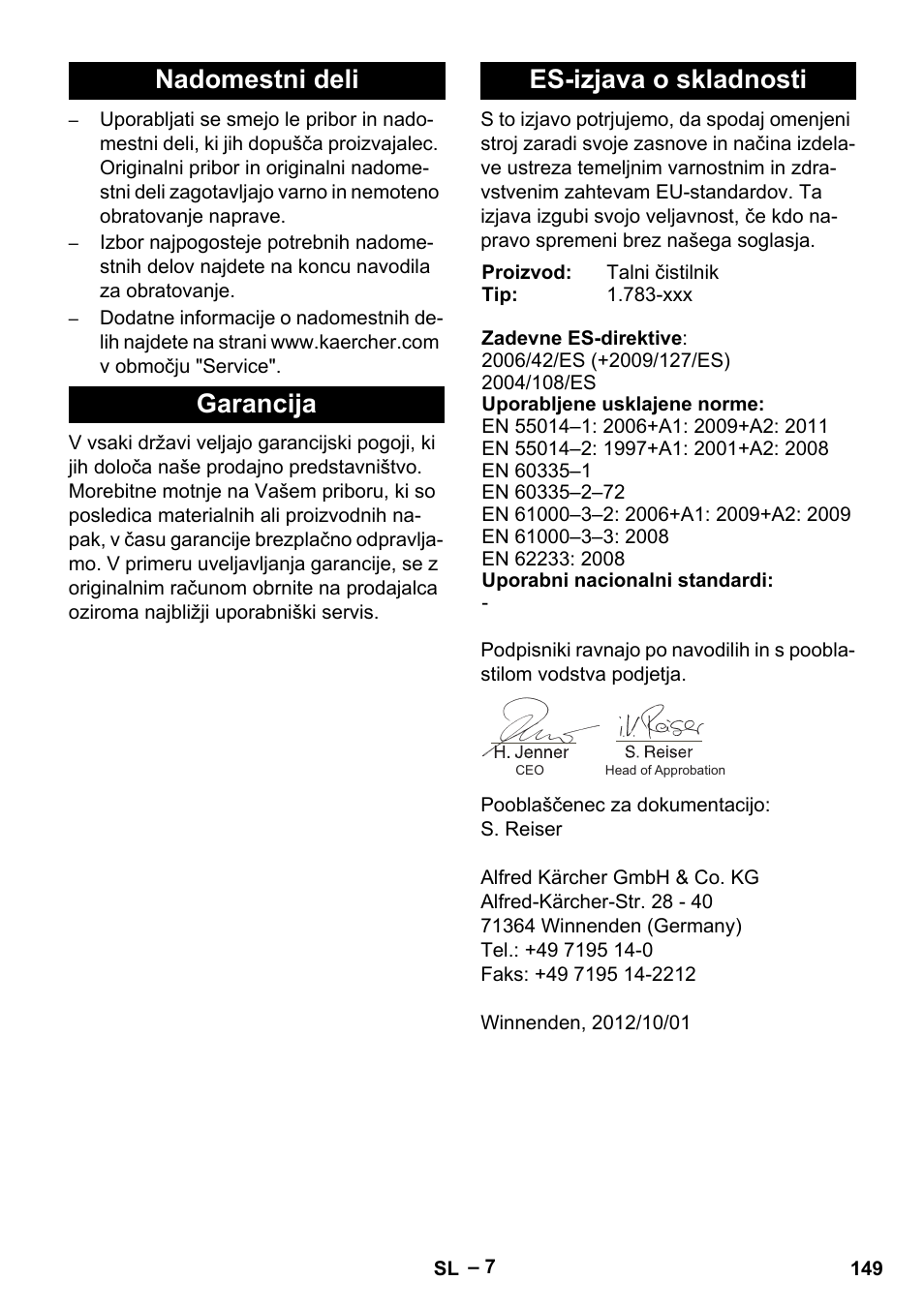 Nadomestni deli garancija es-izjava o skladnosti | Karcher BR 30-4 C User Manual | Page 149 / 242