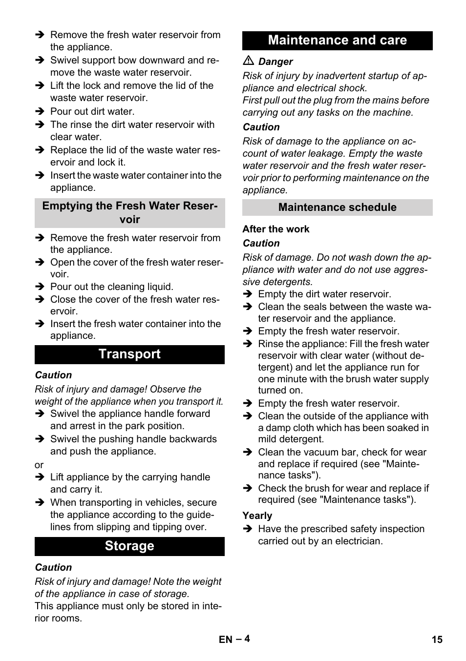 Transport storage maintenance and care | Karcher BR 30-4 C User Manual | Page 15 / 242