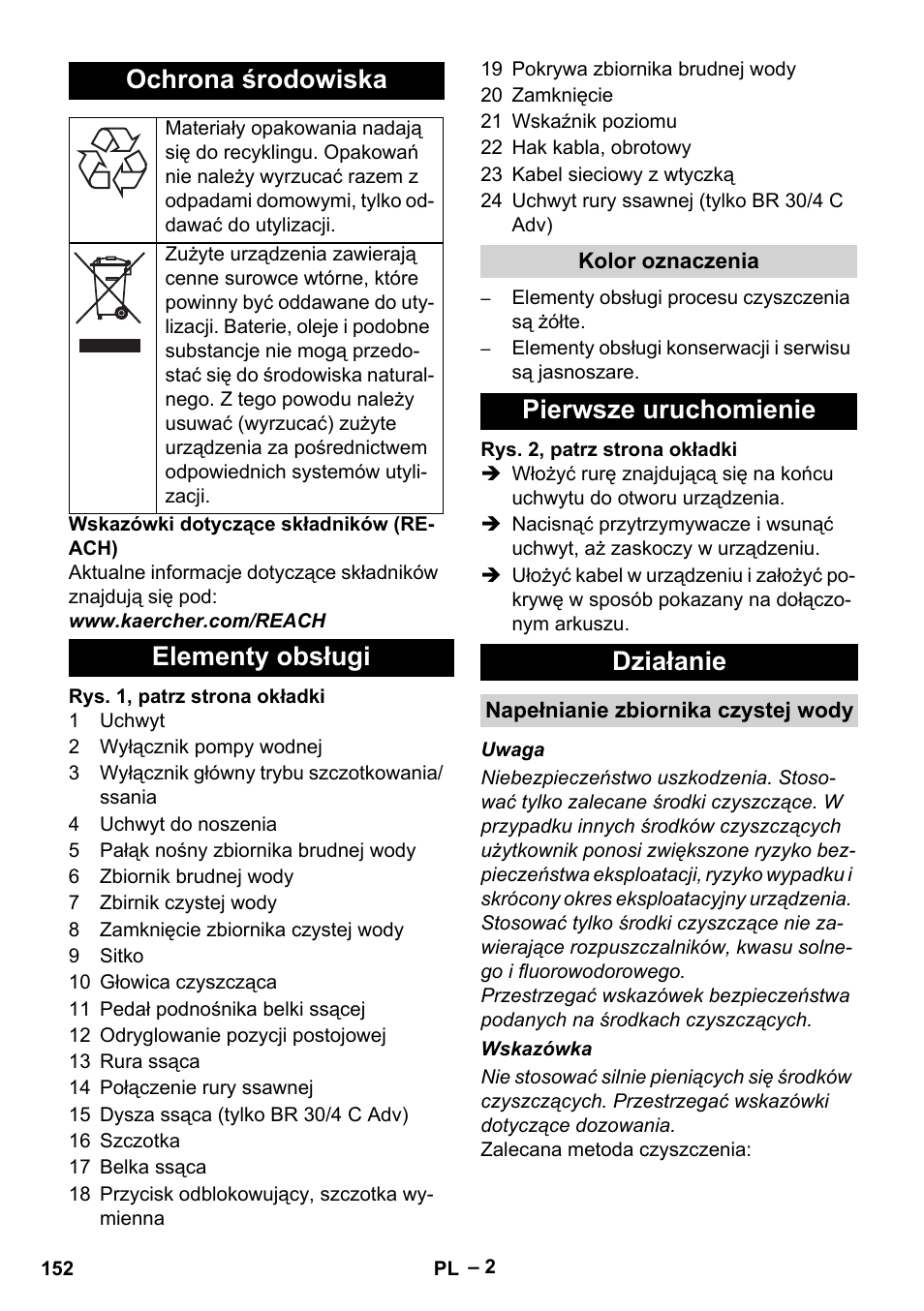 Ochrona środowiska, Elementy obsługi, Pierwsze uruchomienie działanie | Karcher BR 30-4 C User Manual | Page 152 / 242
