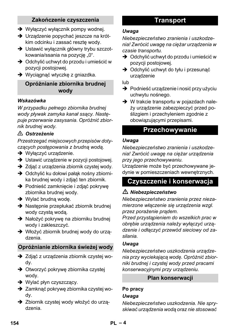 Transport przechowywanie czyszczenie i konserwacja | Karcher BR 30-4 C User Manual | Page 154 / 242