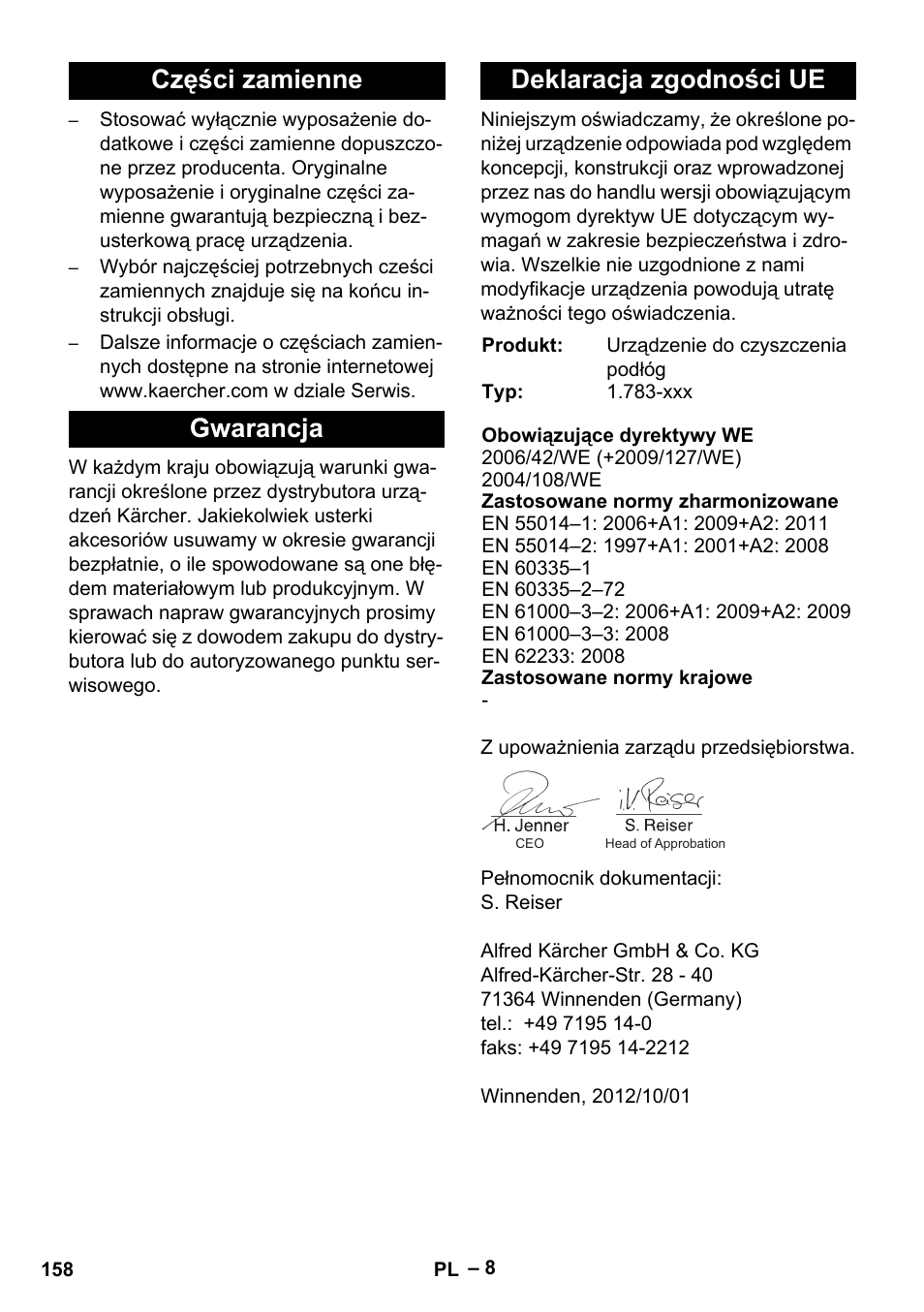 Części zamienne gwarancja deklaracja zgodności ue | Karcher BR 30-4 C User Manual | Page 158 / 242