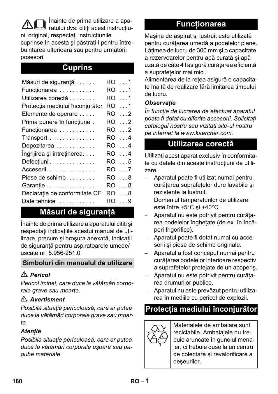 Româneşte, Cuprins, Măsuri de siguranţă | Karcher BR 30-4 C User Manual | Page 160 / 242