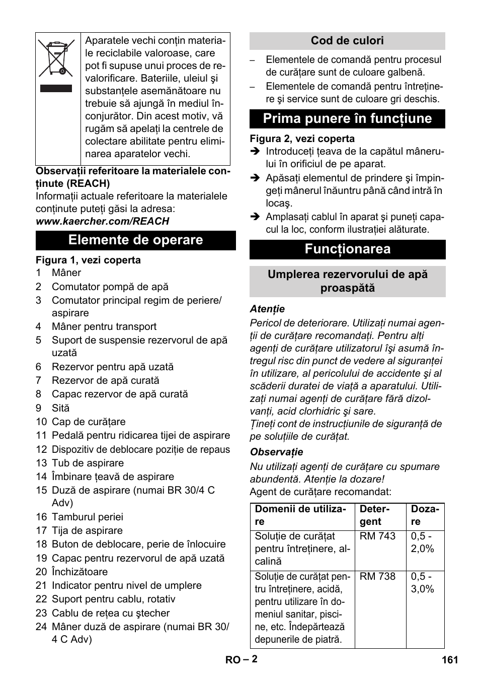 Elemente de operare, Prima punere în funcţiune funcţionarea | Karcher BR 30-4 C User Manual | Page 161 / 242