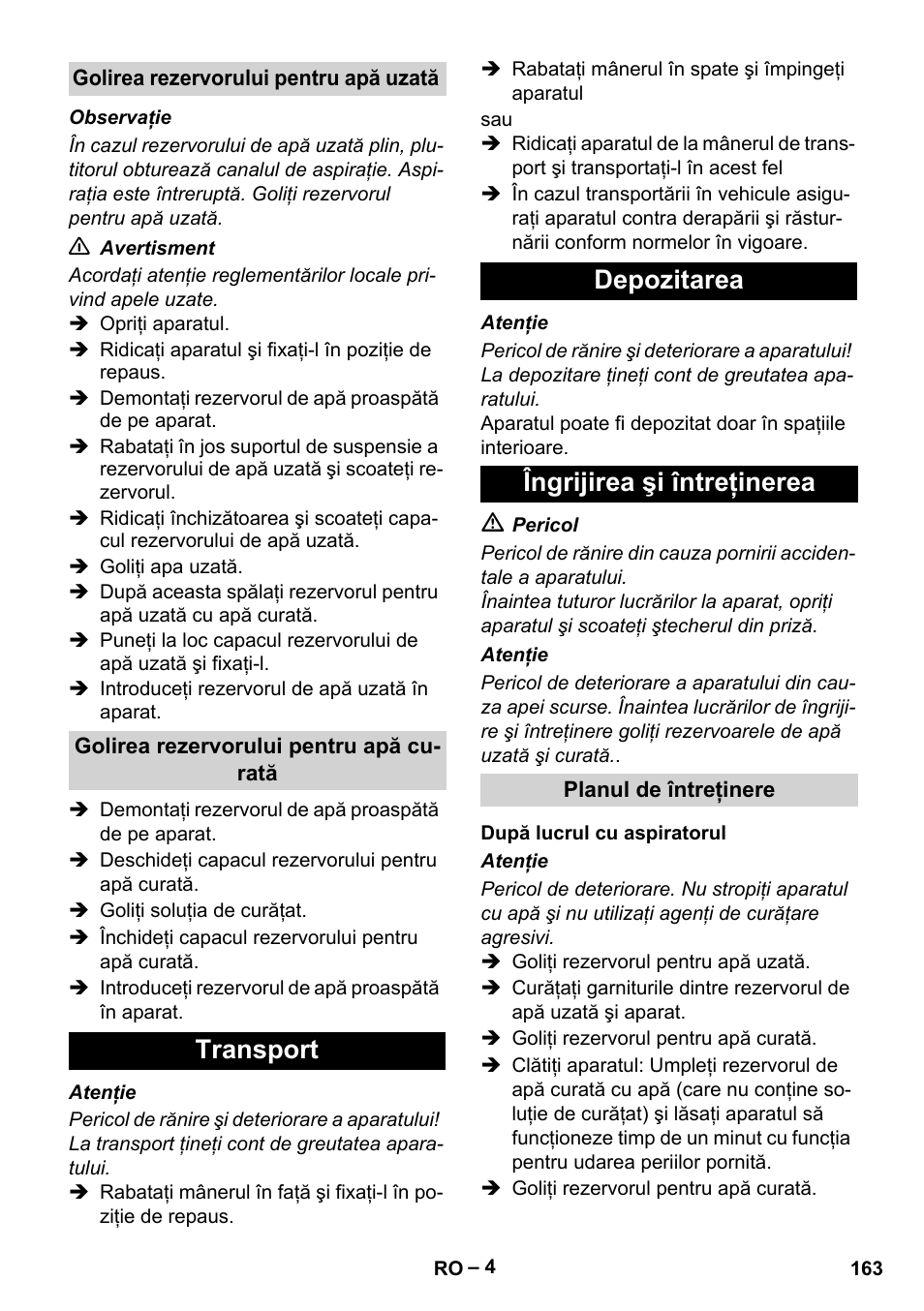 Transport depozitarea îngrijirea şi întreţinerea | Karcher BR 30-4 C User Manual | Page 163 / 242