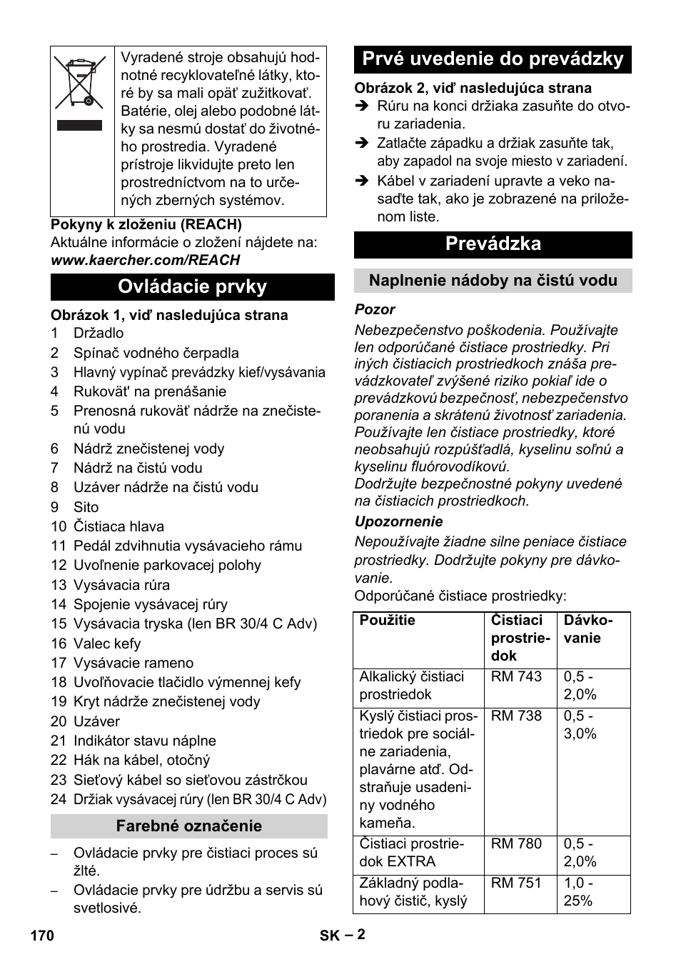 Ovládacie prvky, Prvé uvedenie do prevádzky prevádzka | Karcher BR 30-4 C User Manual | Page 170 / 242