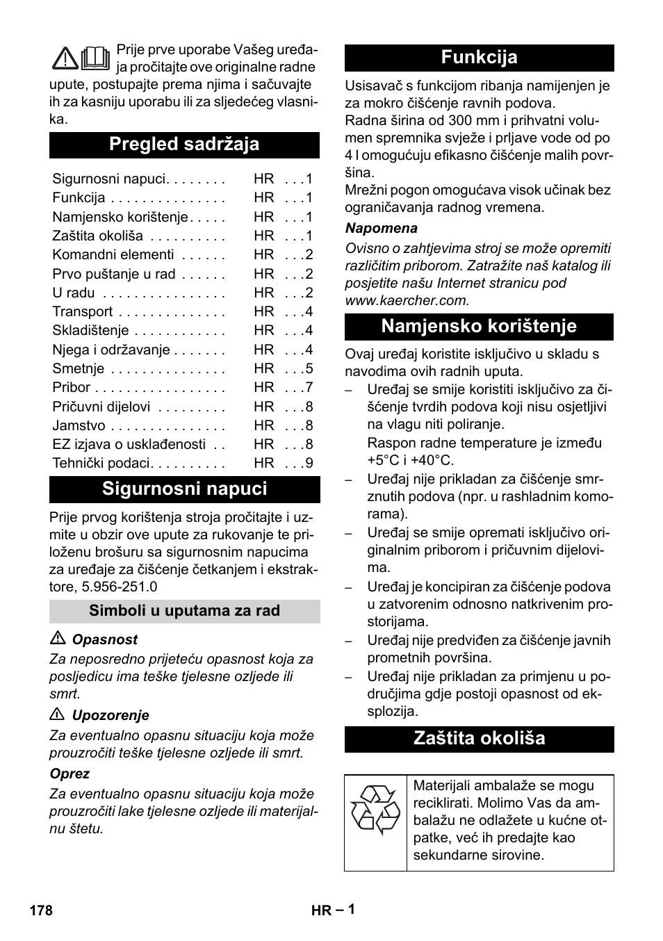 Hrvatski, Pregled sadržaja, Sigurnosni napuci | Funkcija namjensko korištenje zaštita okoliša | Karcher BR 30-4 C User Manual | Page 178 / 242