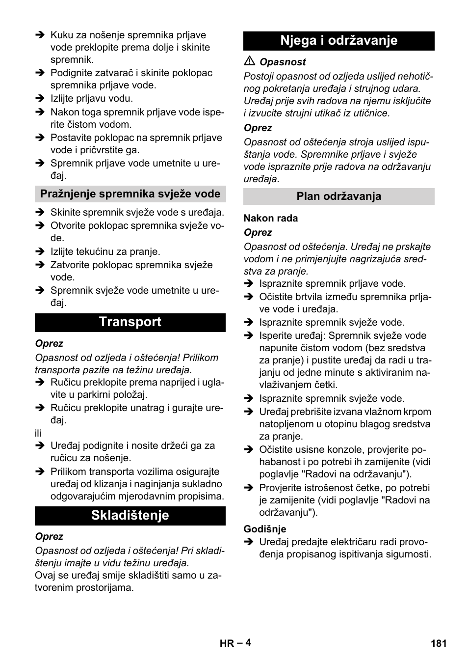 Transport skladištenje njega i održavanje | Karcher BR 30-4 C User Manual | Page 181 / 242